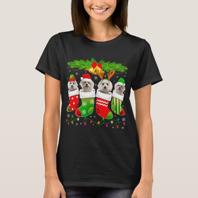 Cute Maltese Dog In Sock Christmas Santa Xmas Dog T-Shirt (Front)