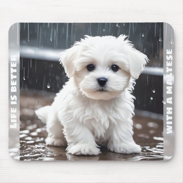 Cute Maltese Dog Puppy Fall Rain Custom Name Mouse Mat (Front)
