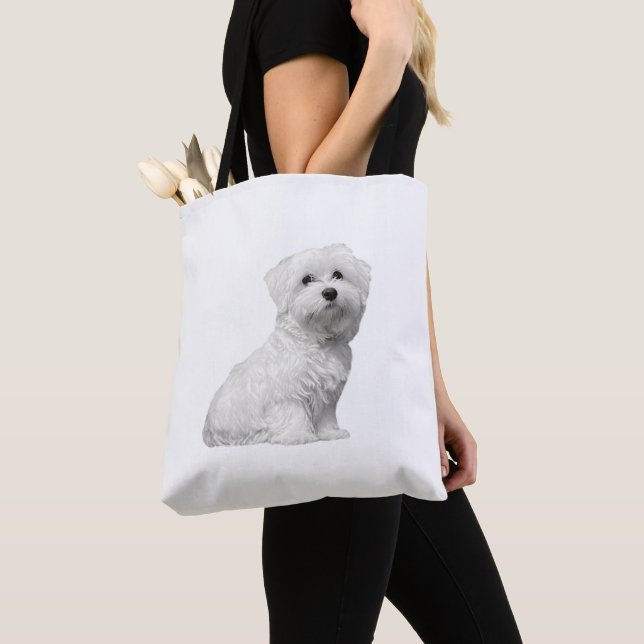 Cute Maltese Dog Sitting Puppy Tote Bag (Close Up)