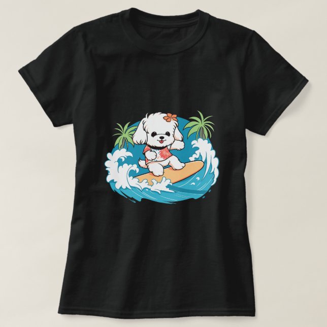 Cute Maltese Dog Surfing the Waves in Paradise T-Shirt (Design Front)