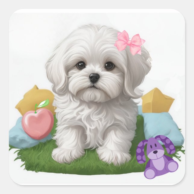 Cute Maltese Puppy Siting with her Toys Square Sticker (Front)
