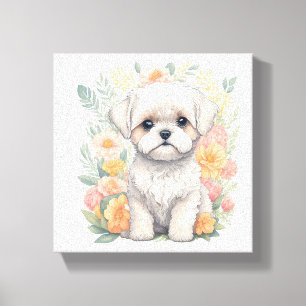 Cute Maltese Puppy with Summer Flowers Wall Art