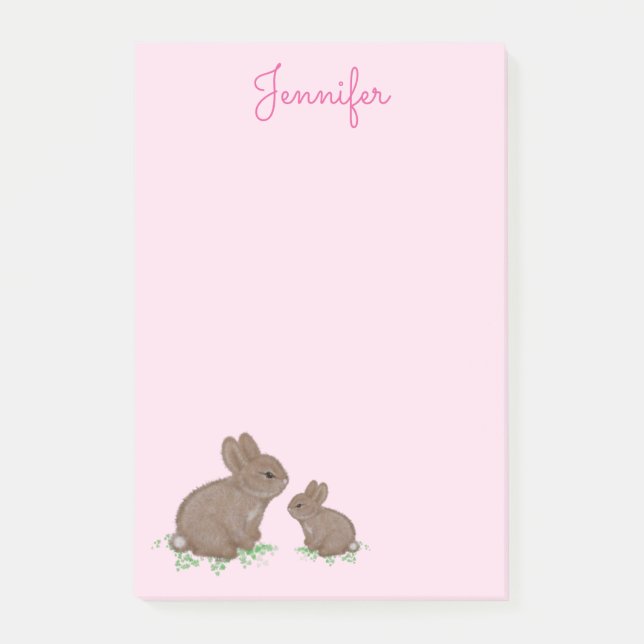 Cute Mama and Baby Bunny in Clover Pink Post-it Notes (Front)