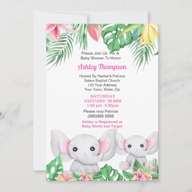 Cute Mama and Baby Elephant Tropical Baby Shower Invitation (Front)