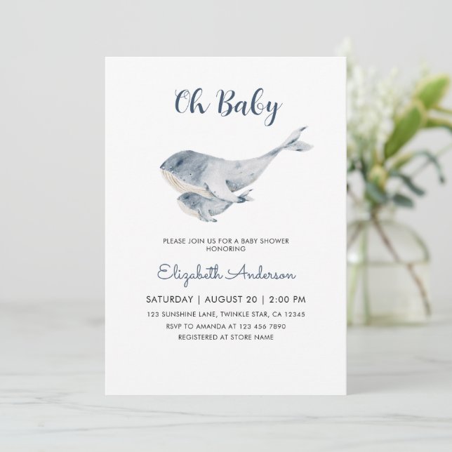 Cute Mama and Baby Whale Boy Baby Shower Invitation (Standing Front)