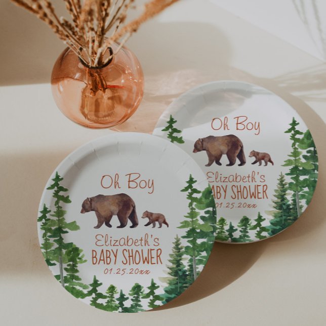 Cute Mama Baby Bear Boy Baby Shower Paper Plate (Creator Uploaded)