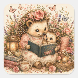 Cute Mama & Baby Hedgehog Cosy Cottagecore Square Sticker