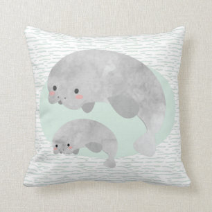 Cute Mama & Baby Manatee Waves Nursery Pillow
