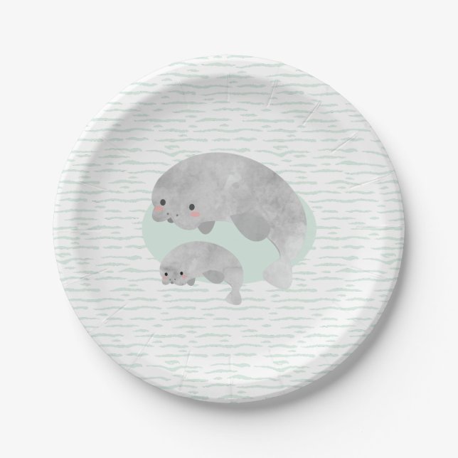 Cute Mama & Baby Manatee with Waves Baby Shower Paper Plate (Front)