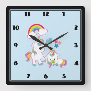 Cute Mama & Baby Unicorn Magical Illustration Square Wall Clock