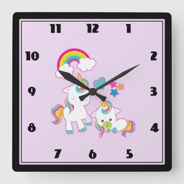 Cute Mama & Baby Unicorn Magical Illustration Square Wall Clock (Front)