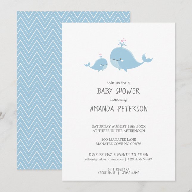 Cute Mama & Baby Whales Blue Chevron Baby Shower Invitation (Front/Back)