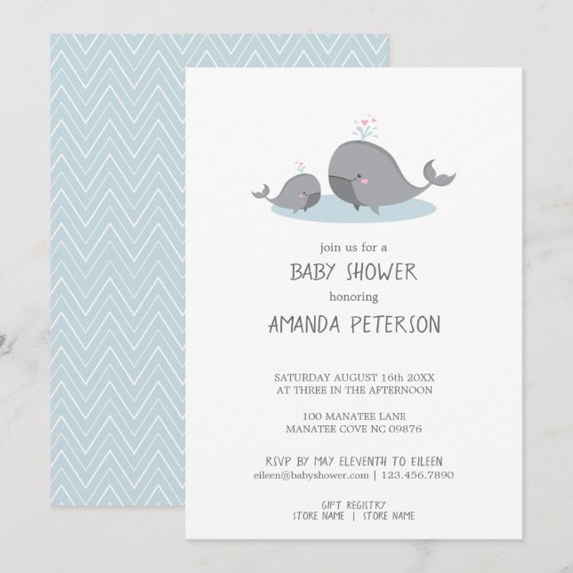 Cute Mama & Baby Whales Blue Chevron Baby Shower Invitation (Front/Back)