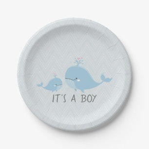 Cute Mama & Baby Whales Blue Chevron Baby Shower Paper Plate