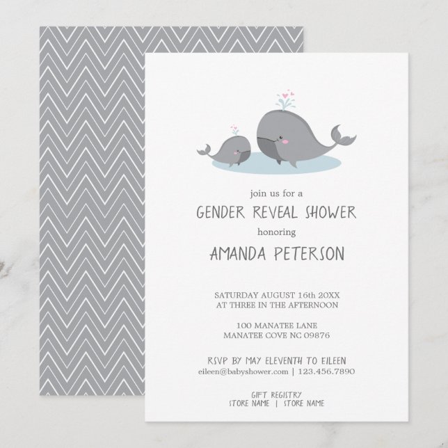 Cute Mama & Baby Whales Blue Chevron Gender Reveal Invitation (Front/Back)