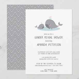 Cute Mama & Baby Whales Blue Chevron Gender Reveal Invitation
