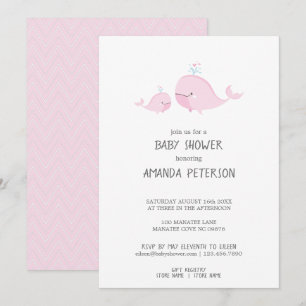 Cute Mama & Baby Whales Pink Chevron Baby Shower Invitation