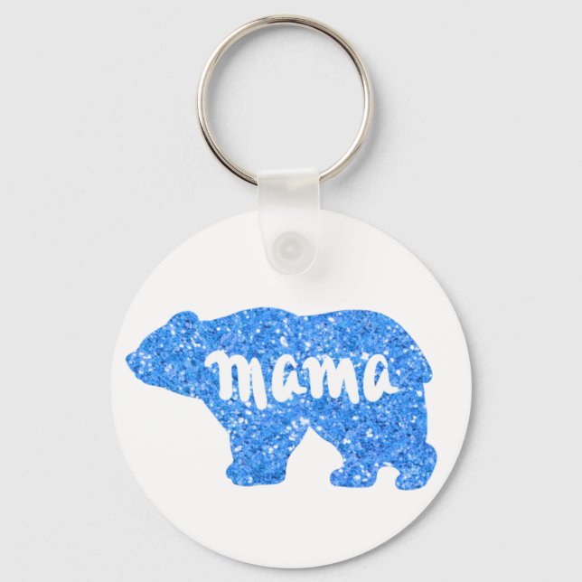 Cute Mama bear design, blue sparkling glitter Key Ring (Front)