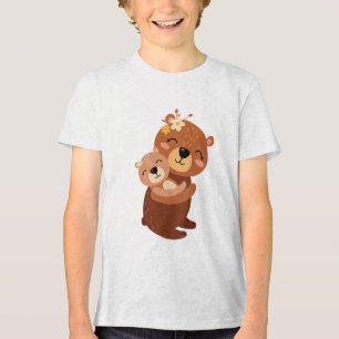 Cute Mama Bear Hugging Baby Cub Illustration Tri-Blend Shirt