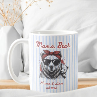 Cute Mama Bear Personalised Blue Stripes Mum gift Coffee Mug