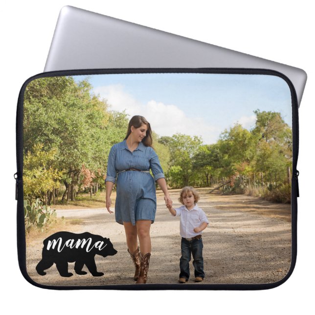 Cute Mama Bear Silhouette with Personalise Photo Laptop Sleeve (Front)