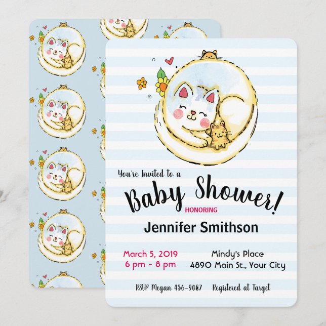 Cute Mama Cat and Kittens Baby Shower Invitations (Front/Back)