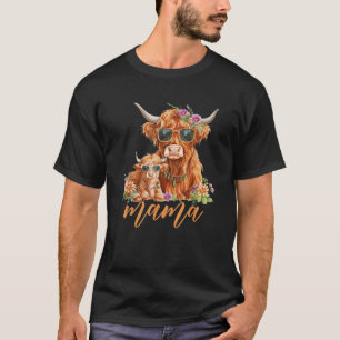 Cute Mama Highland Cow With Baby Calf Boho Floral  T-Shirt
