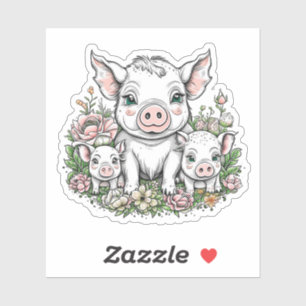 Cute Mama Pigs and Piglets in Flowers