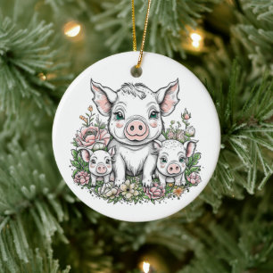 Cute Mama Pigs and Piglets in Flowers Ceramic Tree Decoration