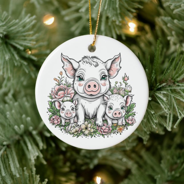 Cute Mama Pigs and Piglets in Flowers Ceramic Tree Decoration (Tree)