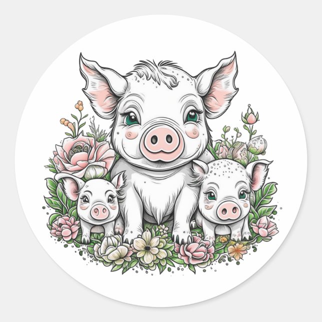 Cute Mama Pigs and Piglets in Flowers Classic Round Sticker (Front)