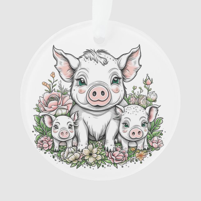 Cute Mama Pigs and Piglets in Flowers Ornament (Front)