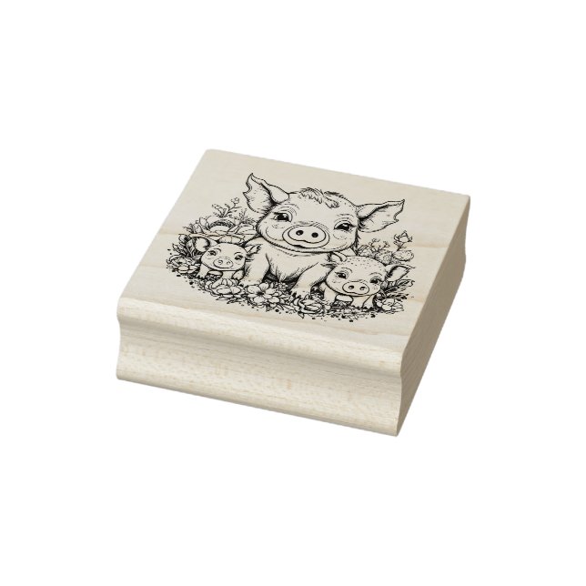 Cute Mama Pigs and Piglets in Flowers Rubber Stamp (Stamp)