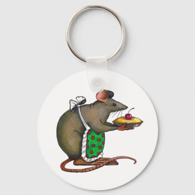 Cute Mama Rat With Pie: Drawing: Colour Pencil Key Ring (Front)