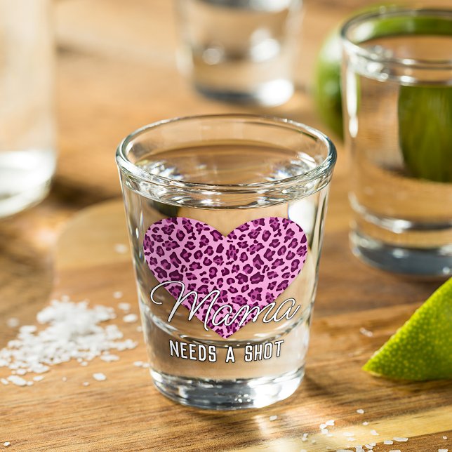 Cute Mama Word Art on Pink Leopard Patterned Heart Shot Glass (Creator Uploaded)