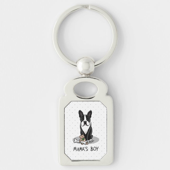 Cute Mama's Boy Boston Terrier (black) Key Ring (Front)