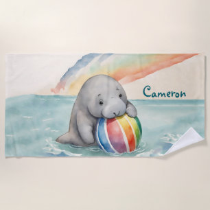 Cute Manatee Gender Neutral Personalised Beach Towel