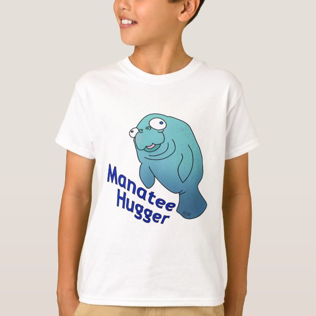 Cute Manatee Hugger Cartoon Animal T-Shirt (Front)