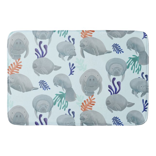 Cute Manatees With Bubbles Pattern - Light Blue Bath Mat (Front)