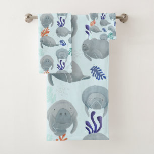 Cute Manatees With Bubbles Pattern - Light Blue Bath Towel Set