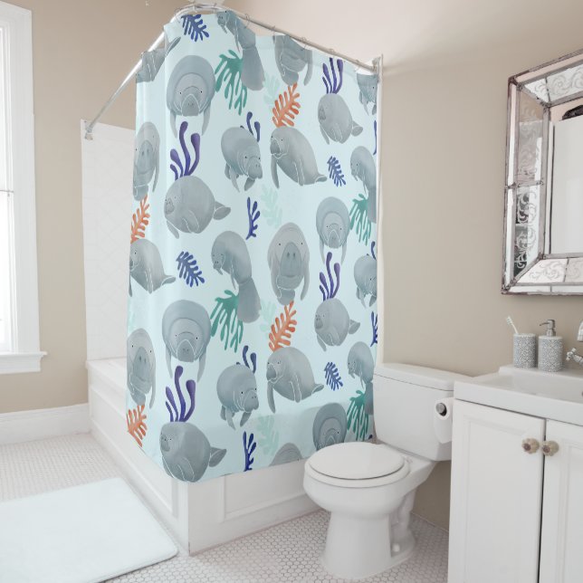 Cute Manatees With Bubbles Pattern - Light Blue Shower Curtain (In Situ)