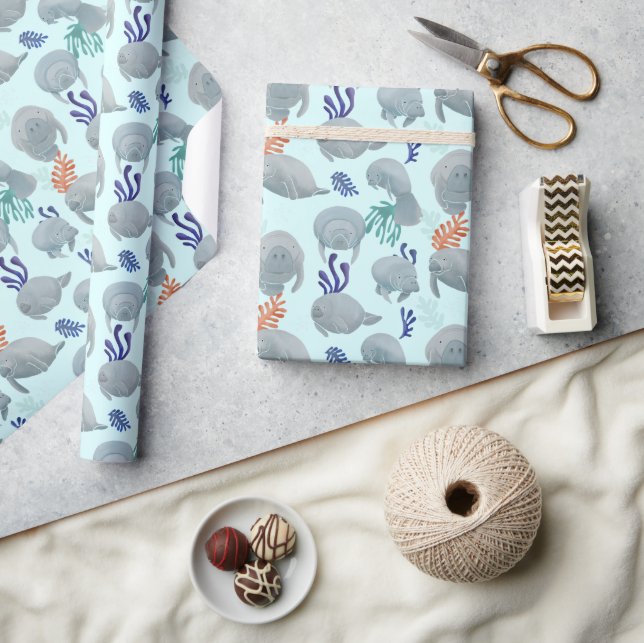 Cute Manatees With Bubbles Pattern Wrapping Paper (Crafts)
