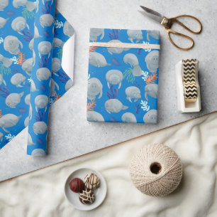 Cute Manatees With Bubbles Pattern Wrapping Paper