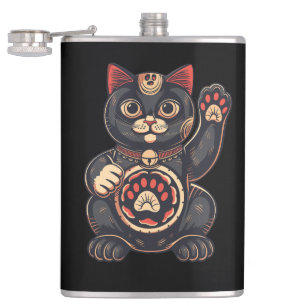 cute Maneki Neko cat print drawn Japanese Hip Flask