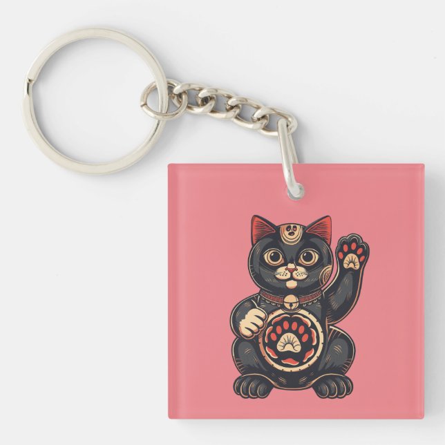  cute Maneki Neko cat print drawn Japanese  Key Ring (Front)