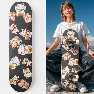 Cute Maneki Neko Japanese Lucky Cat Pattern Skateboard