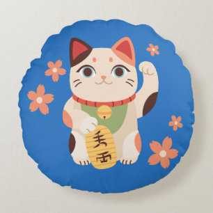 Cute Maneki Neko Lucky Cat Round Cushion