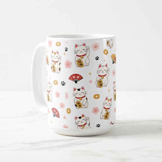 Cute Maneki Neko Pattern Mug | Lucky Cat  (Front Left)