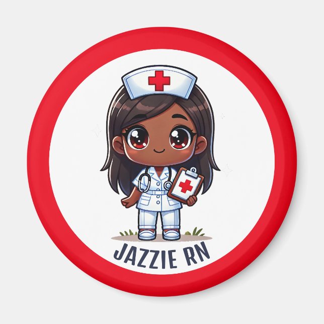 Cute Manga Black Nurse Brown Eyes Custom Magnet (Front)