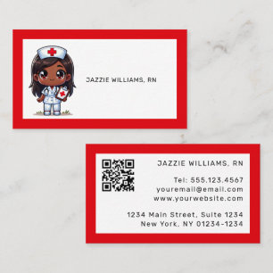 Cute Manga Black Nurse Brown Hair and Eyes Custom Business Card